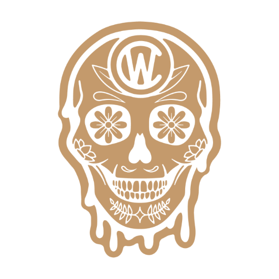 Skull design with floral details and a logo on a white background